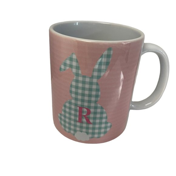Hallmark Mug Cup Pink Rabbit Green Gingham Plaid R Initial Monogram 4" x 3 1/2" - Picture 2 of 6